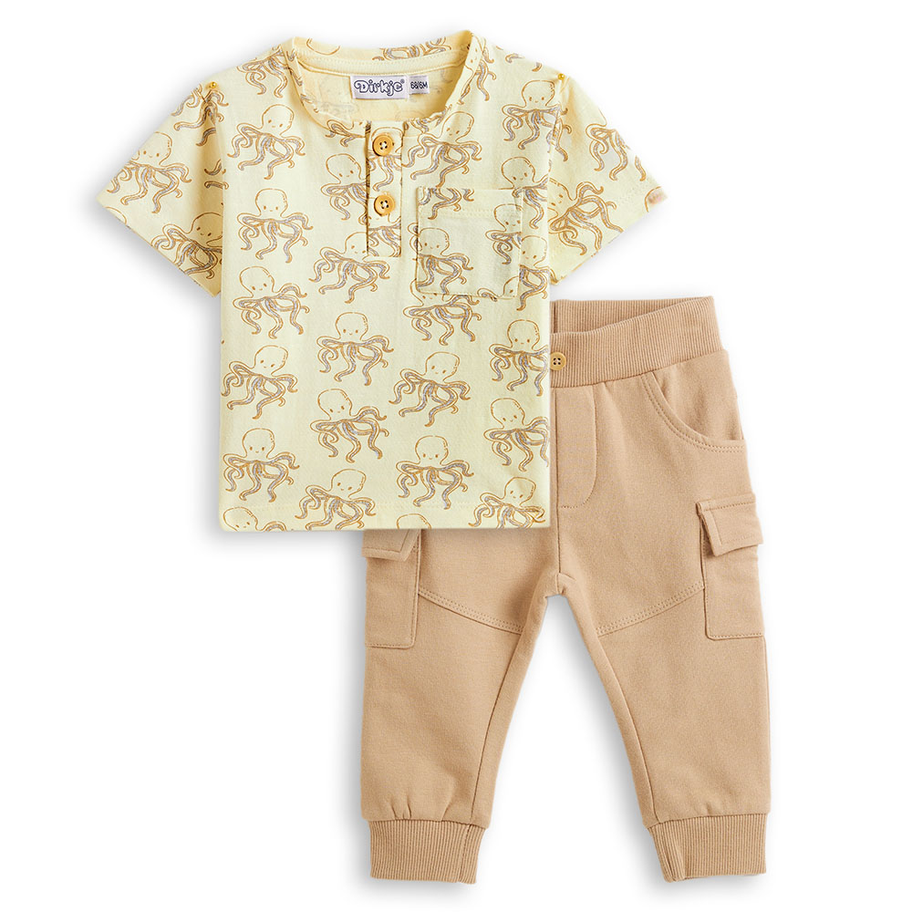 Dirkje Boy's Octopus Printed Shirt & Pants - Sand - 2 Pcs