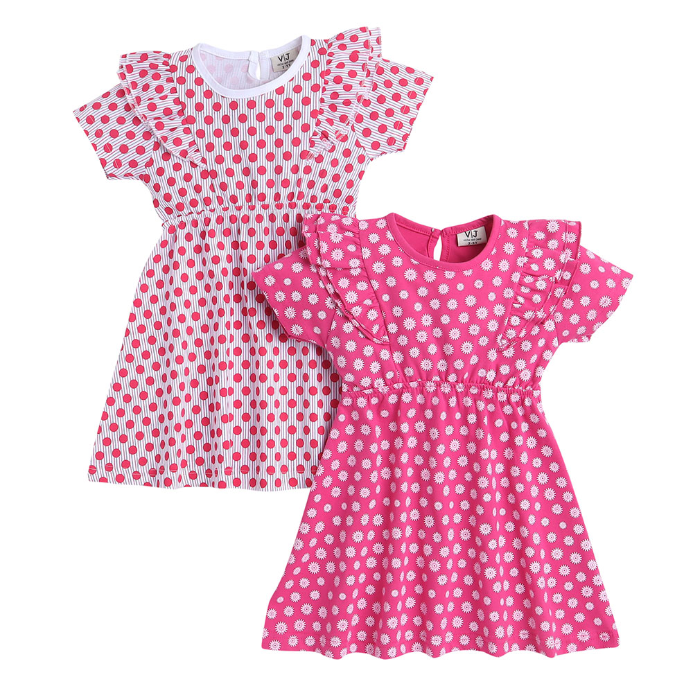 Victor and Jane All Over Printed Polka and Flower Ruffle Dresses 2 Pcs