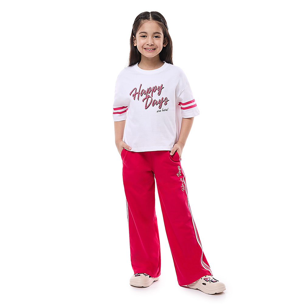 Victor and Jane Girl's Knit Crop Top & Wide Leg Pants Off White/Fuchsia - 2 Pcs