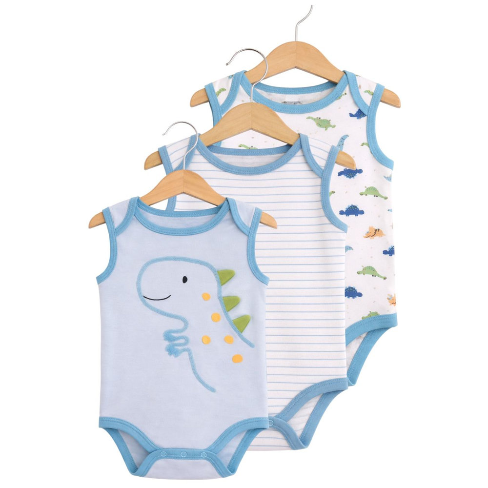 Victor And Jane - 3pc-Set - Baby Boy's Dino Printed Sleeveless Bodysuit - Blue/White