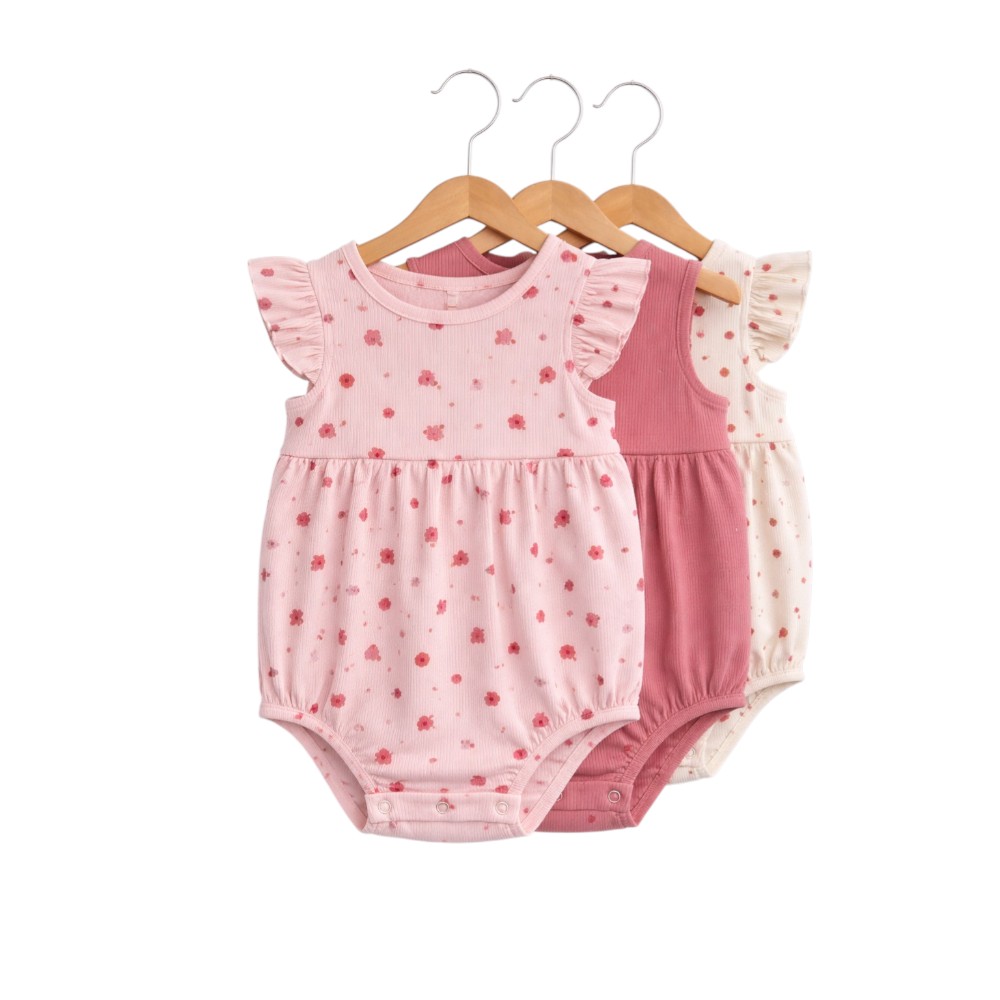 Victor And Jane - 3pc-Set - Baby Girl's Ribbed Cotton Rompers - Pink/Beige