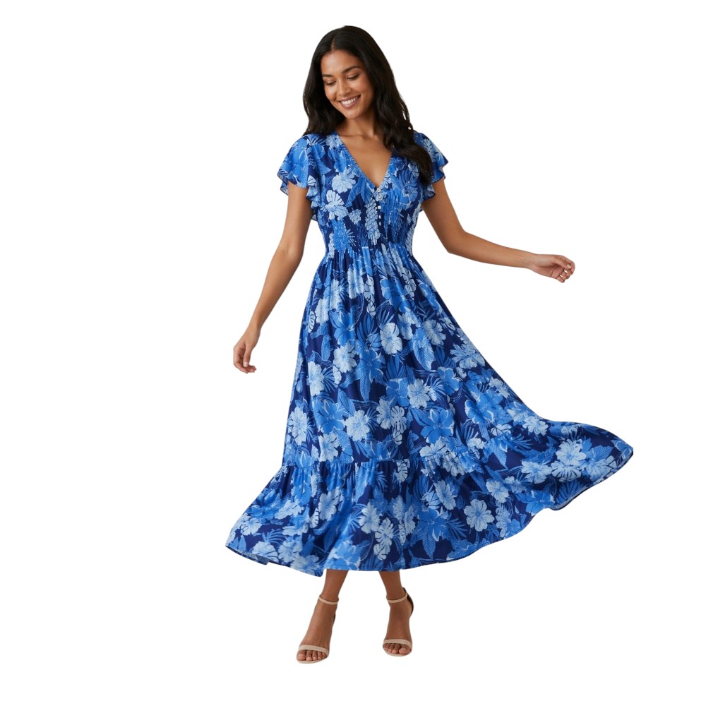 Victor and Jane - Floral V-Neck Midi Dress With Flutter Sleeves - Blue