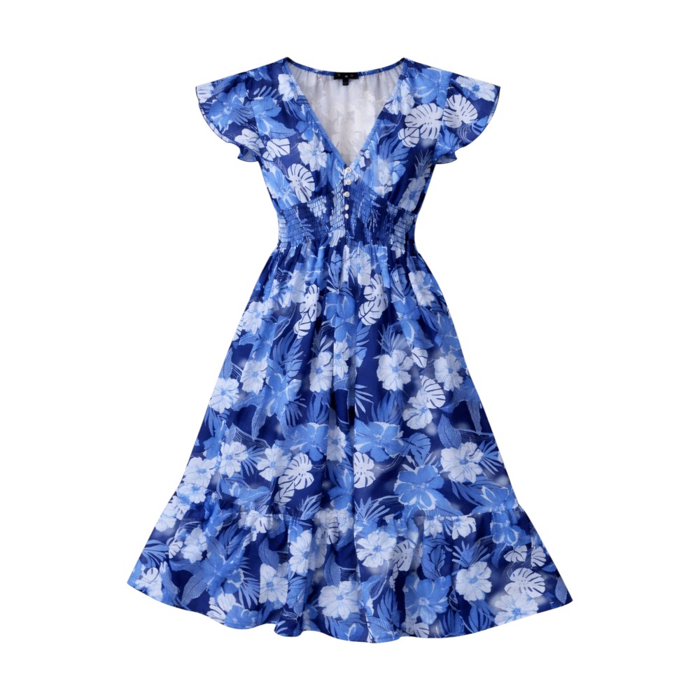 Victor and Jane - Floral V-Neck Midi Dress With Flutter Sleeves - Blue