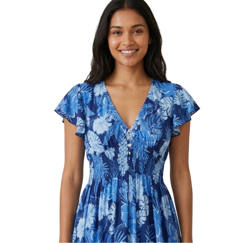 Victor and Jane - Floral V-Neck Midi Dress With Flutter Sleeves - Blue