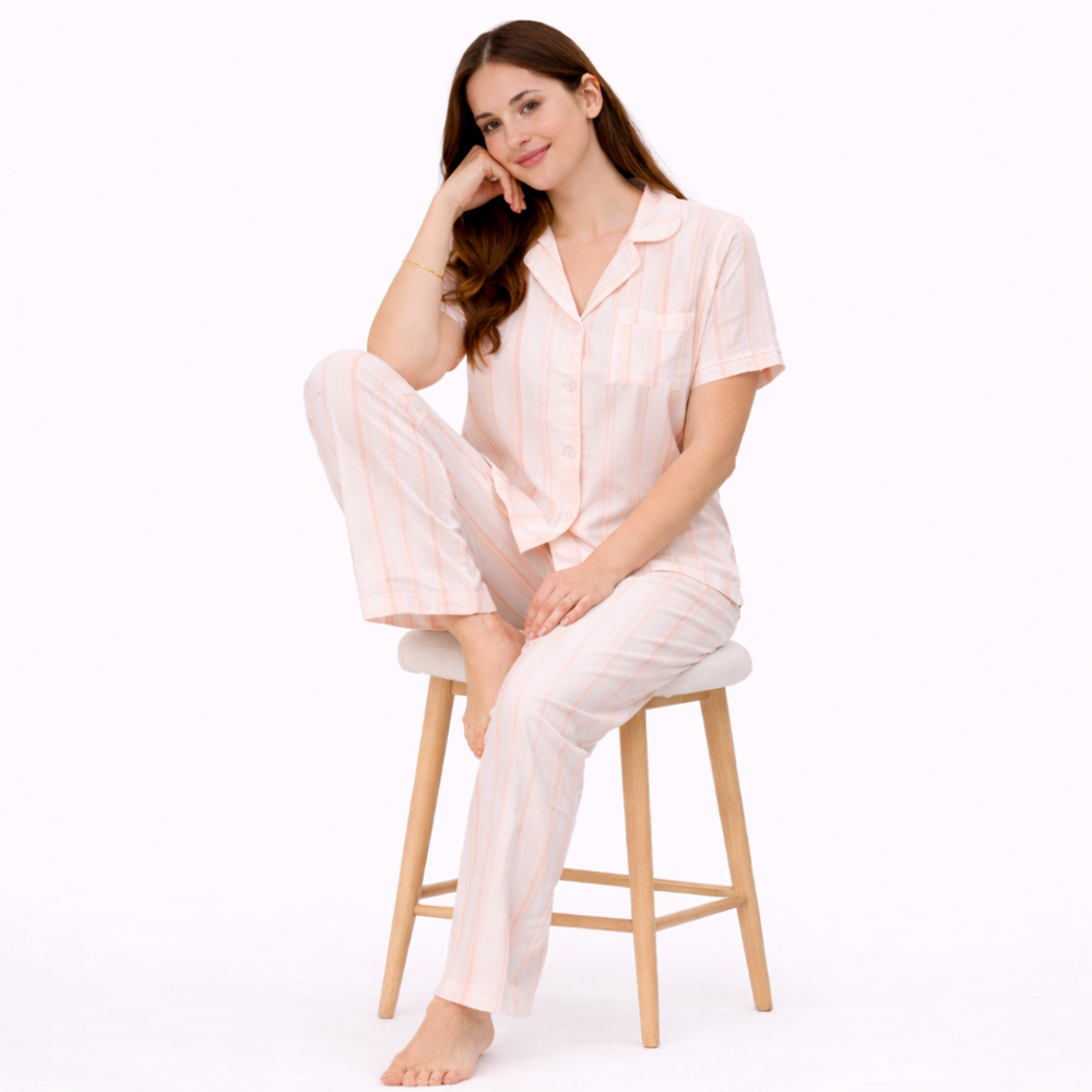 Victor And Jane - 2pc-Set - Women's Striped Pyjama Shirt & Pants - Soft Peach