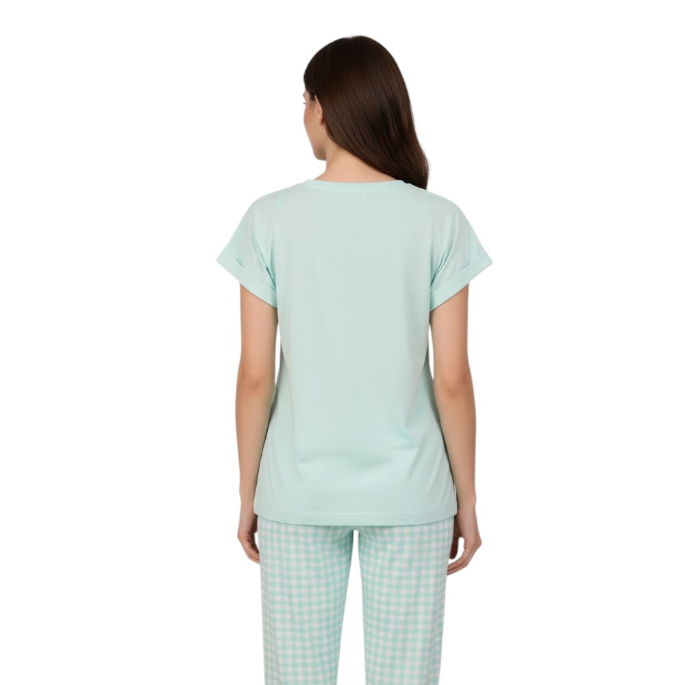 Victor And Jane - 2pc-Set - Women's Graphic Pyjama T-Shirt & Checked Pants - Mint