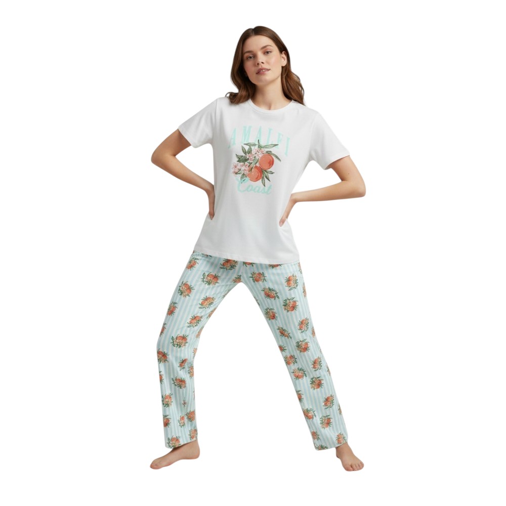 Victor And Jane - 2pc-Set - Women's Graphic Pyjama T-Shirt & Striped Pants - Ivory/Blue