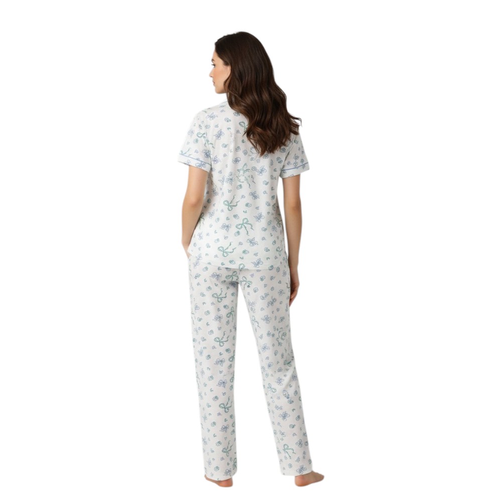 Victor And Jane - 2pc-Set - Women's Bow Printed Pyjama Shirt & Pants - Ivory/Blue