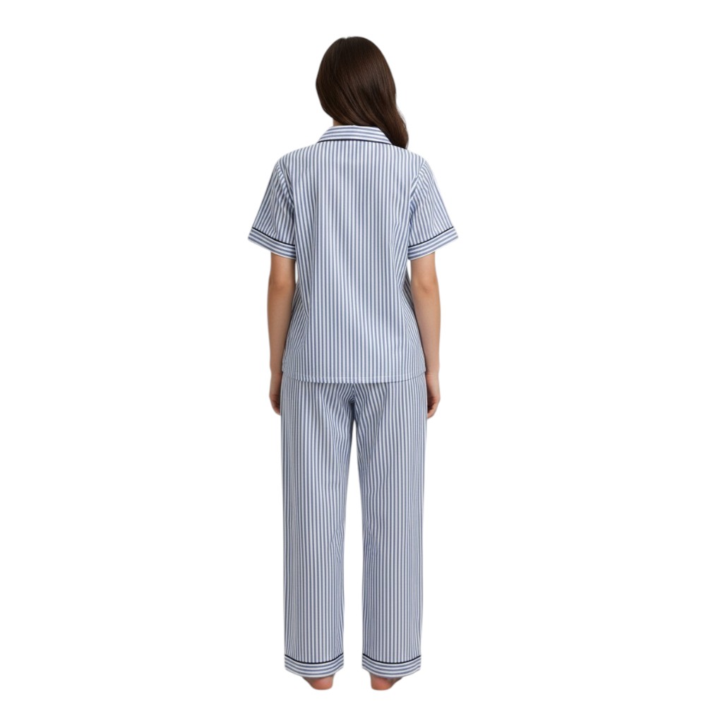 Victor And Jane - 2pc-Set - Women's Striped Pyjama Shirt & Pants - Blue