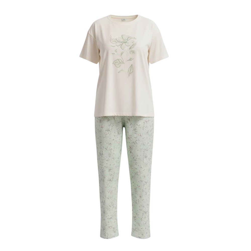 Victor And Jane - 2pc-Set - Women's Floral Graphic Pyjama T-Shirt & Pants - Ivory/Sage