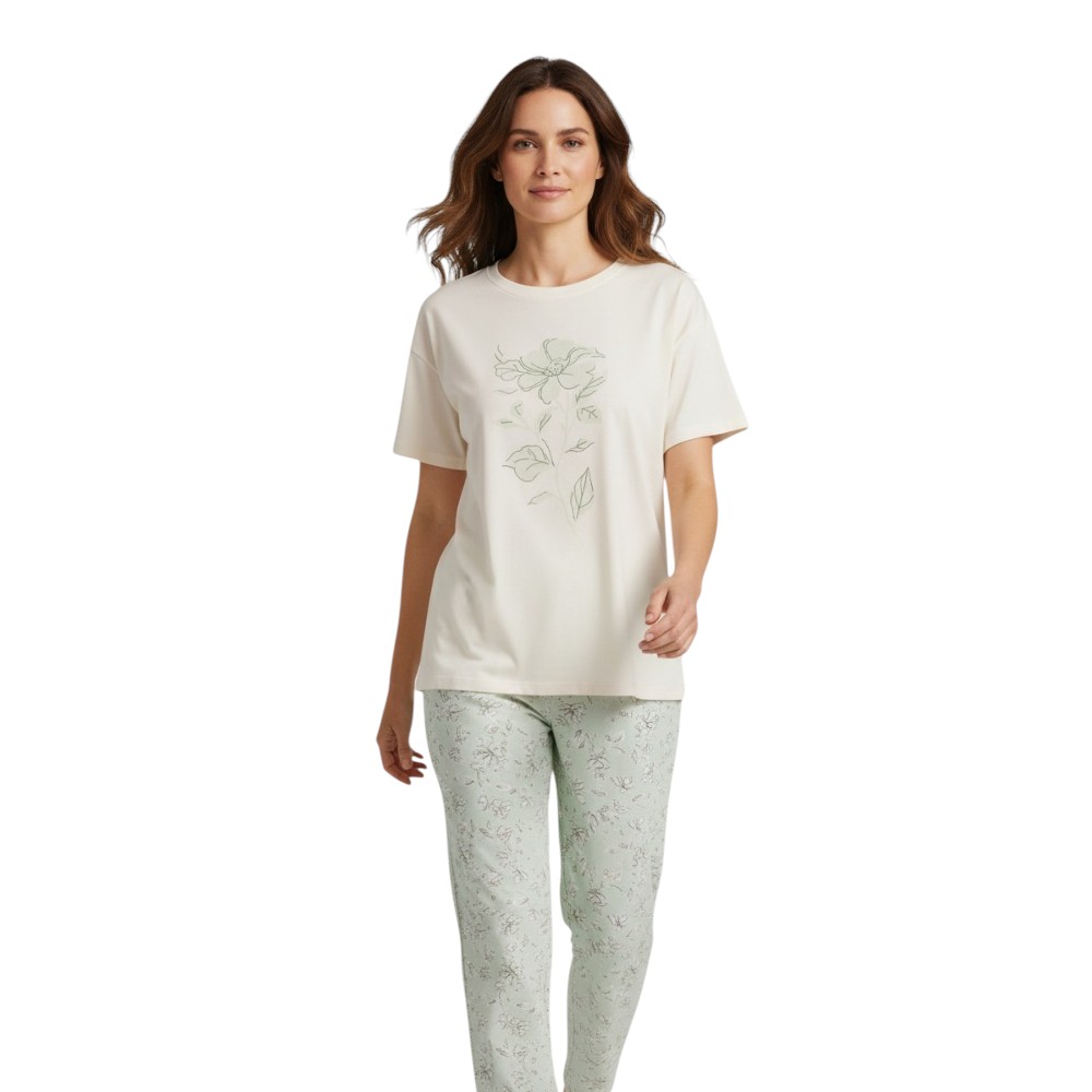 Victor And Jane - 2pc-Set - Women's Floral Graphic Pyjama T-Shirt & Pants - Ivory/Sage