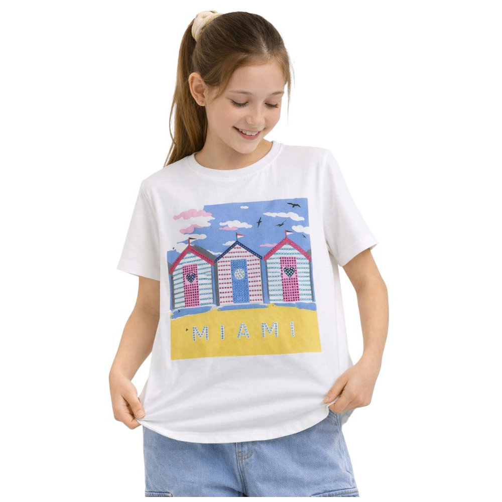 Victor and Jane Girl's Miami Graphic Embellished T-Shirt - White