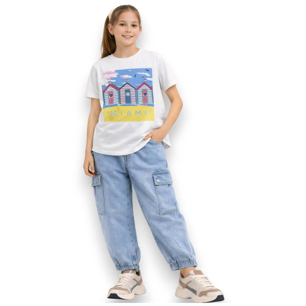 Victor and Jane Girl's Miami Graphic Embellished T-Shirt - White