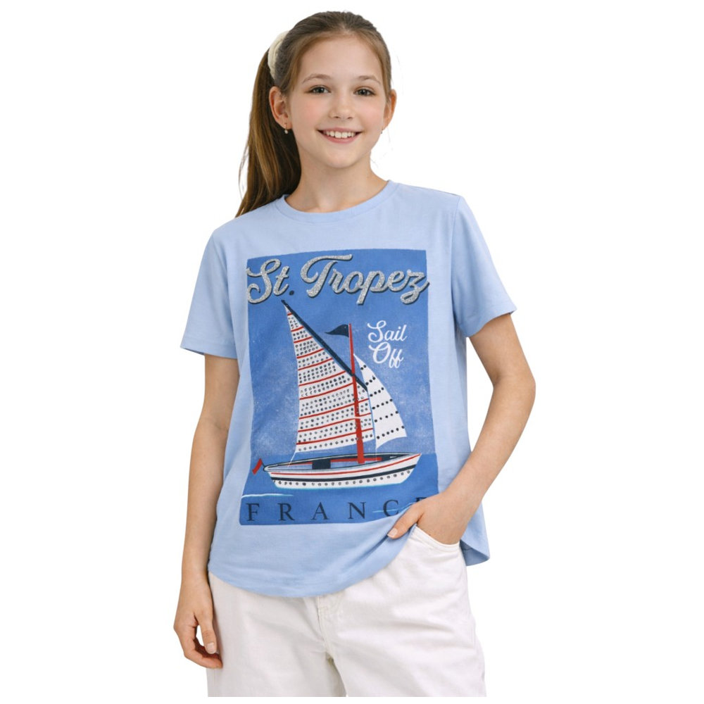 Victor and Jane Girl's Tropez France Graphic T-Shirt - Light Blue
