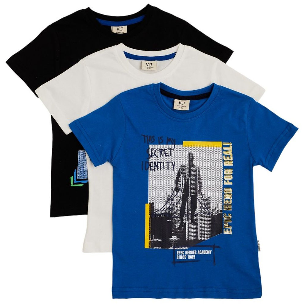 Victor and Jane Junior Boys T-Shirt Pack of 3 Bright Blue, Ivory, - Light Blue