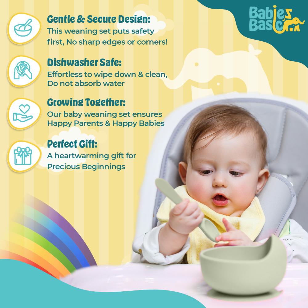 Babies Basic - Silicone Plate, Bowl, Cup,Spoon & Fork Set - 6pcs - Grey