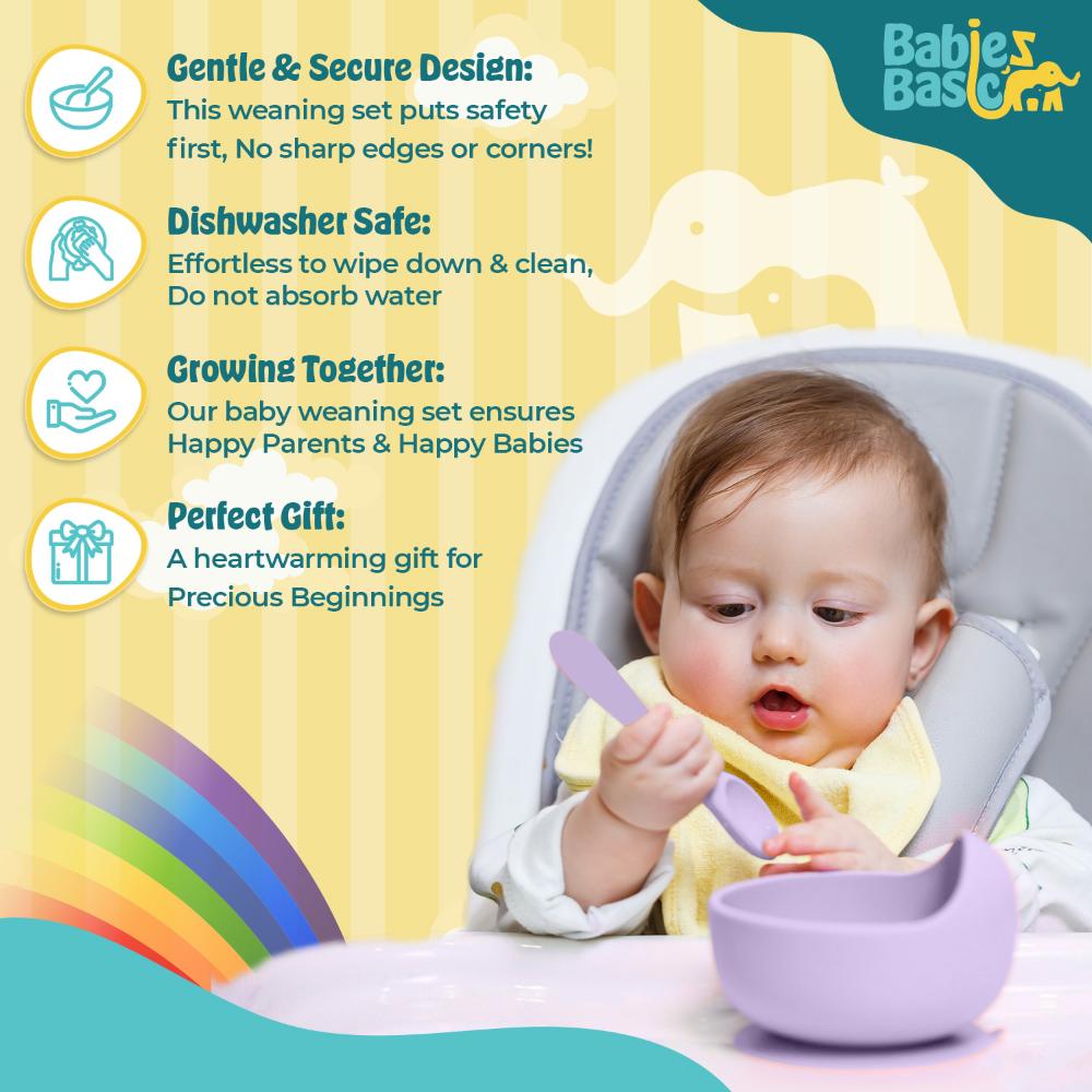Babies Basic - Silicone Plate, Bowl, Cup,Spoon & Fork Set - 6pcs - Purple