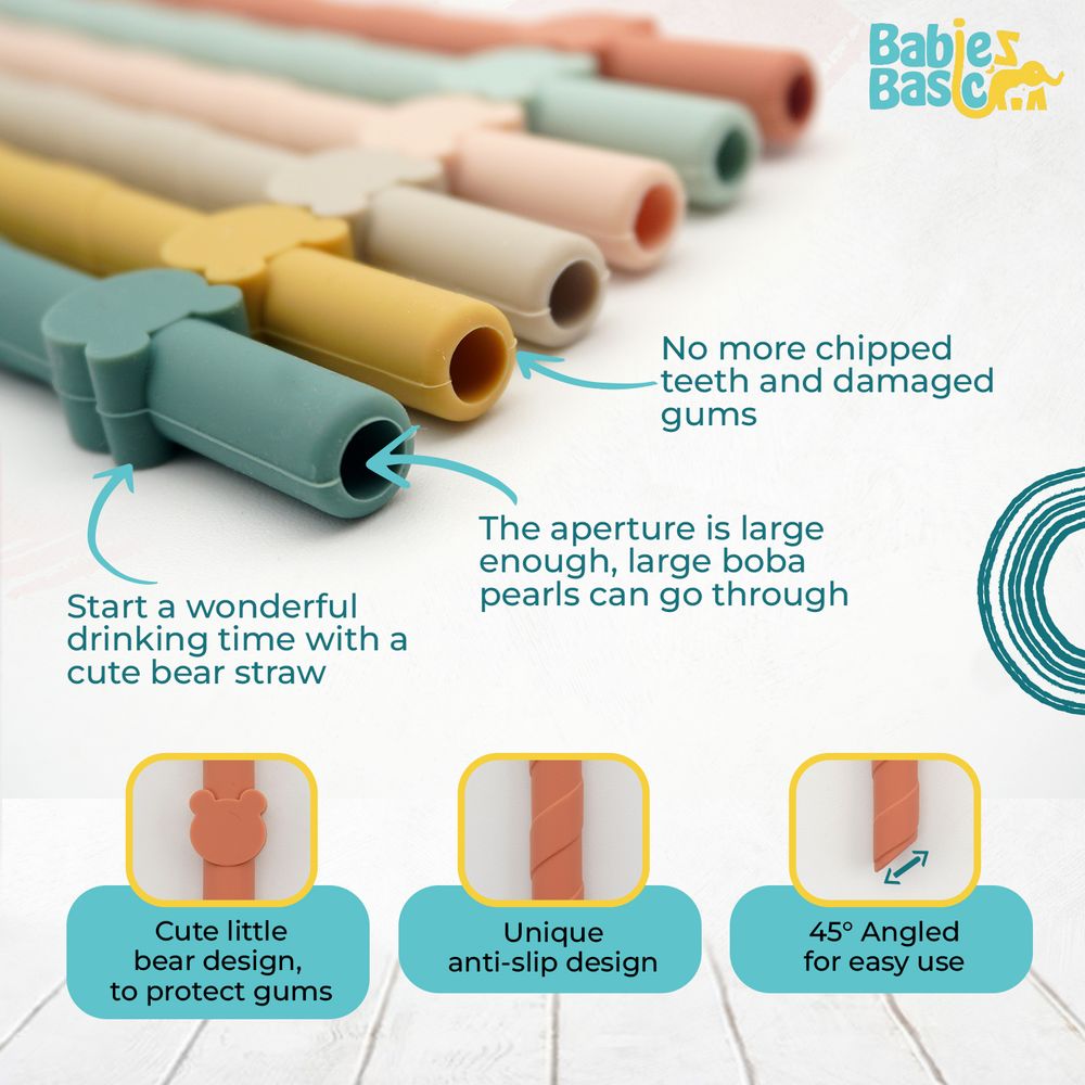 Babies Basic - Reusable Silicone Straws With Straw Cleaner - Pack of 7