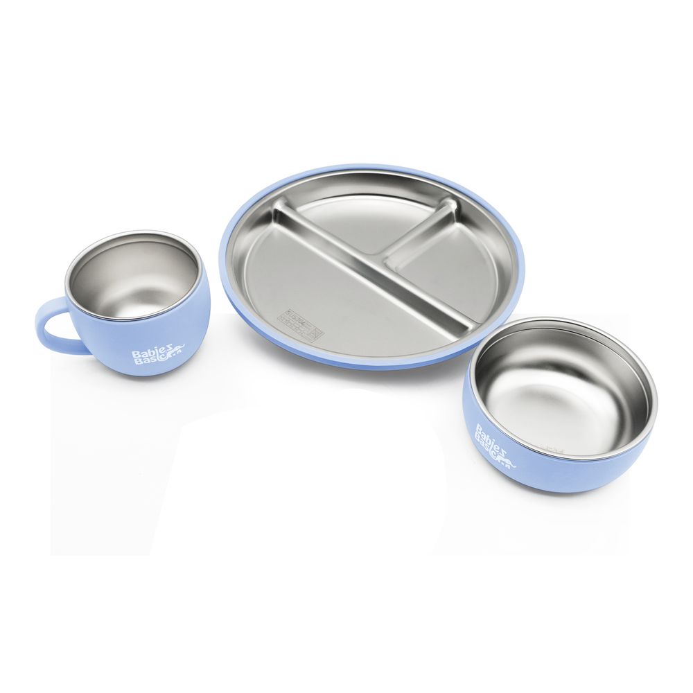 Babies Basic - Stainless Steel Feeding Plate, Bowl & Cup With Silicone Sleeve - Blue - 3 Pcs