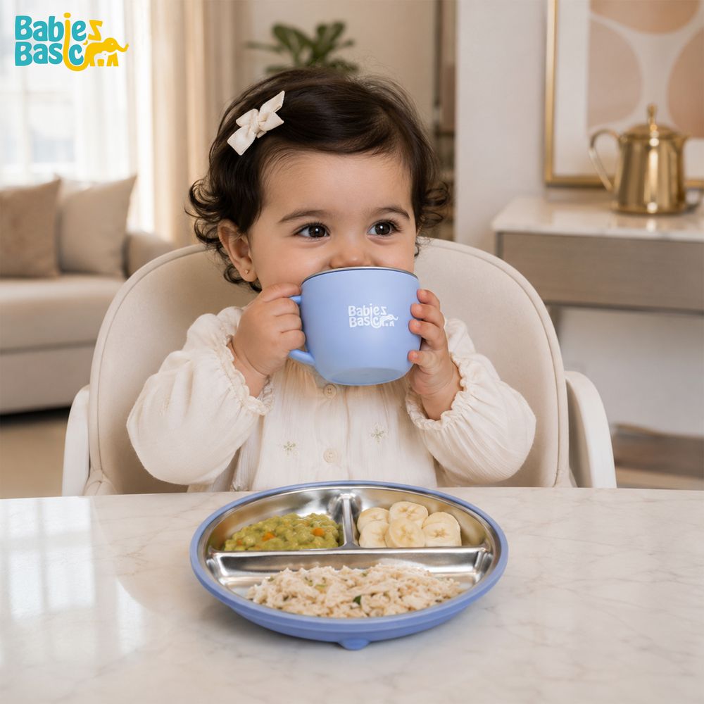 Babies Basic - Stainless Steel Feeding Plate, Bowl & Cup With Silicone Sleeve - Blue - 3 Pcs