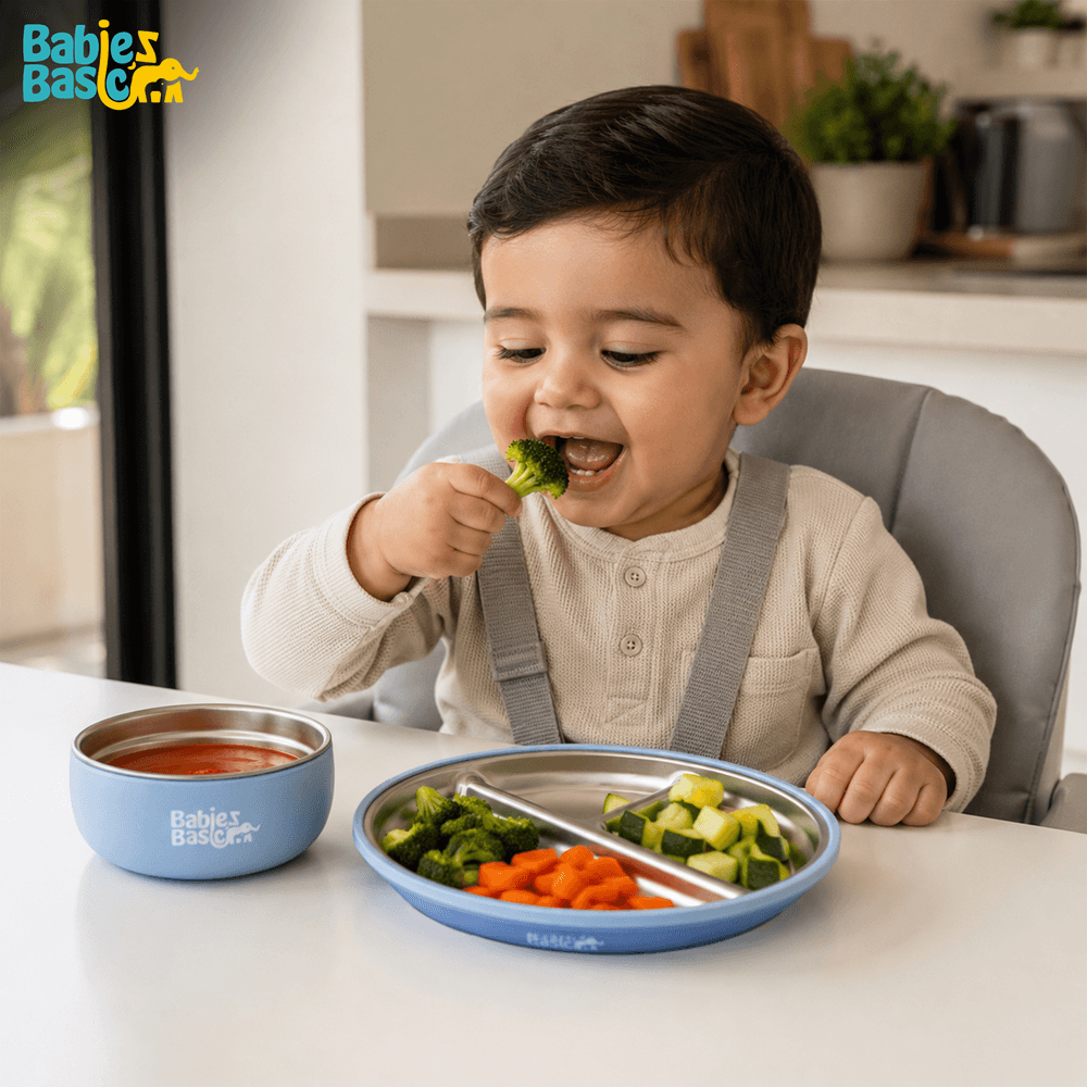 Babies Basic - Stainless Steel Feeding Plate, Bowl & Cup With Silicone Sleeve - Blue - 3 Pcs