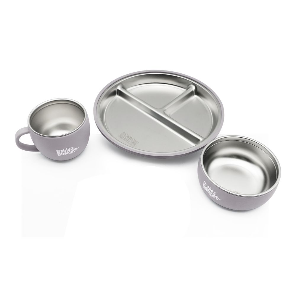 Babies Basic - Stainless Steel Feeding Plate, Bowl & Cup With Silicone Sleeve - Grey - 3 Pcs