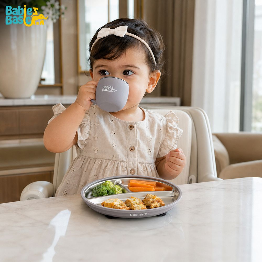 Babies Basic - Stainless Steel Feeding Plate, Bowl & Cup With Silicone Sleeve - Grey - 3 Pcs
