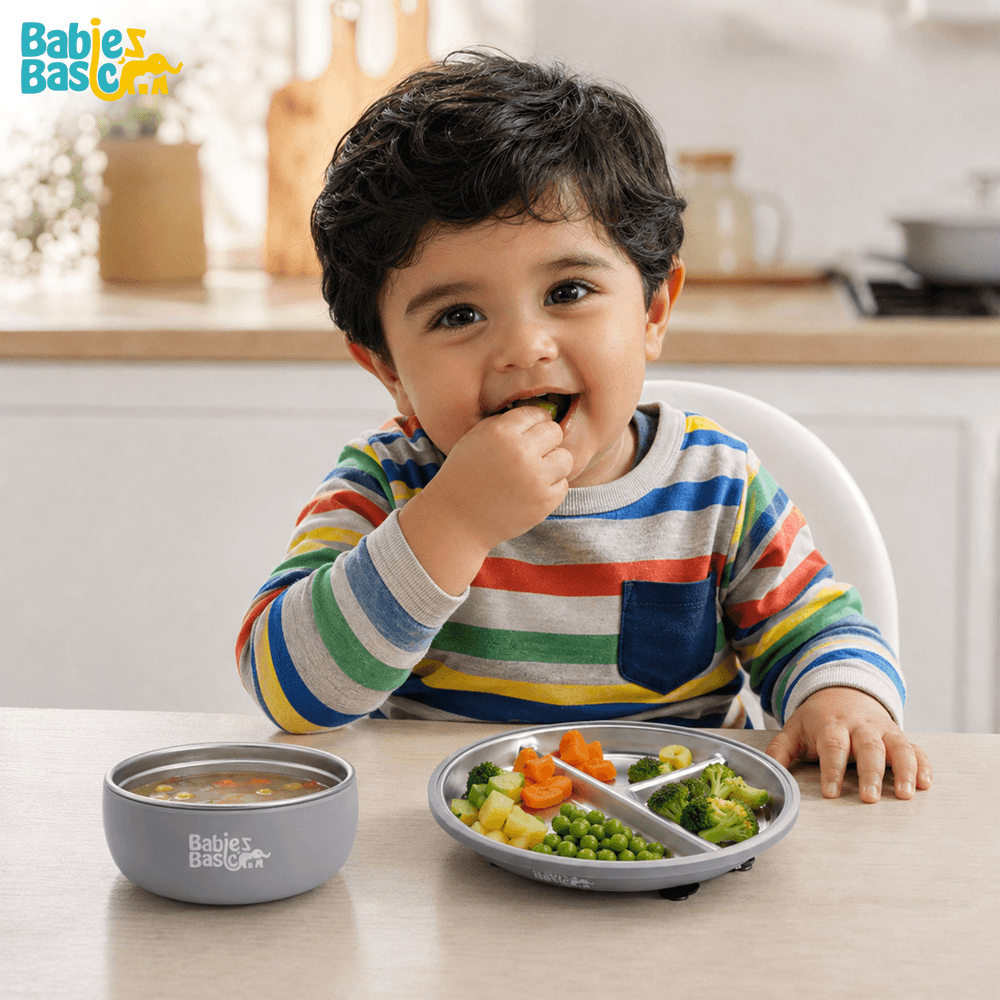 Babies Basic - Stainless Steel Feeding Plate, Bowl & Cup With Silicone Sleeve - Grey - 3 Pcs