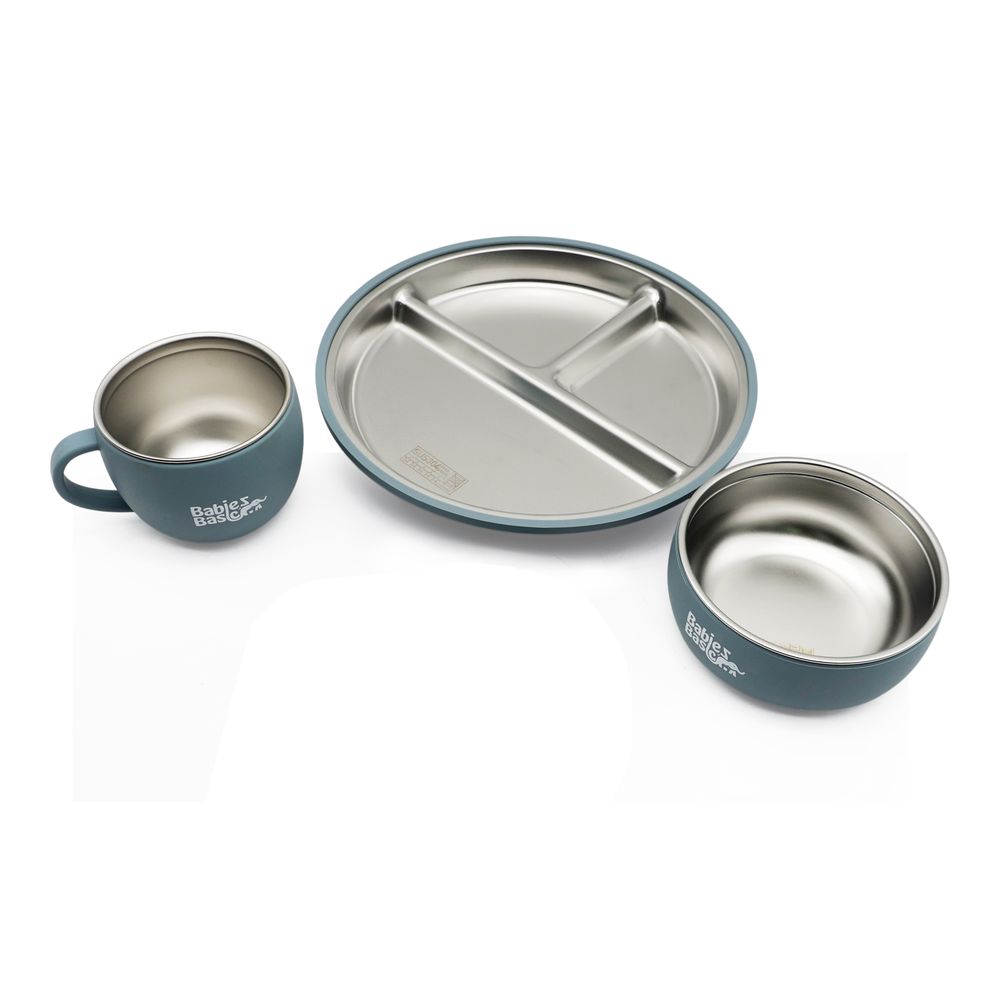 Babies Basic - Stainless Steel Feeding Plate, Bowl & Cup With Silicone Sleeve - Indigo - 3 Pcs