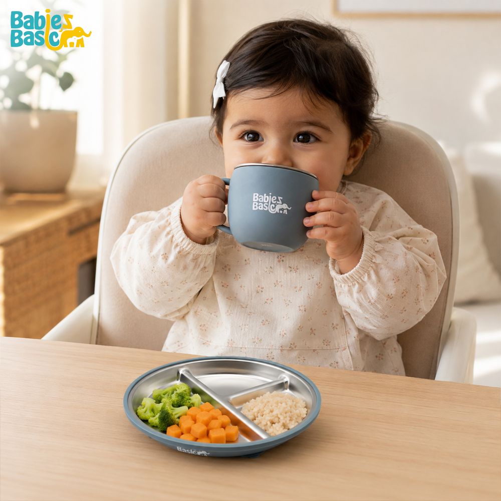 Babies Basic - Stainless Steel Feeding Plate, Bowl & Cup With Silicone Sleeve - Indigo - 3 Pcs