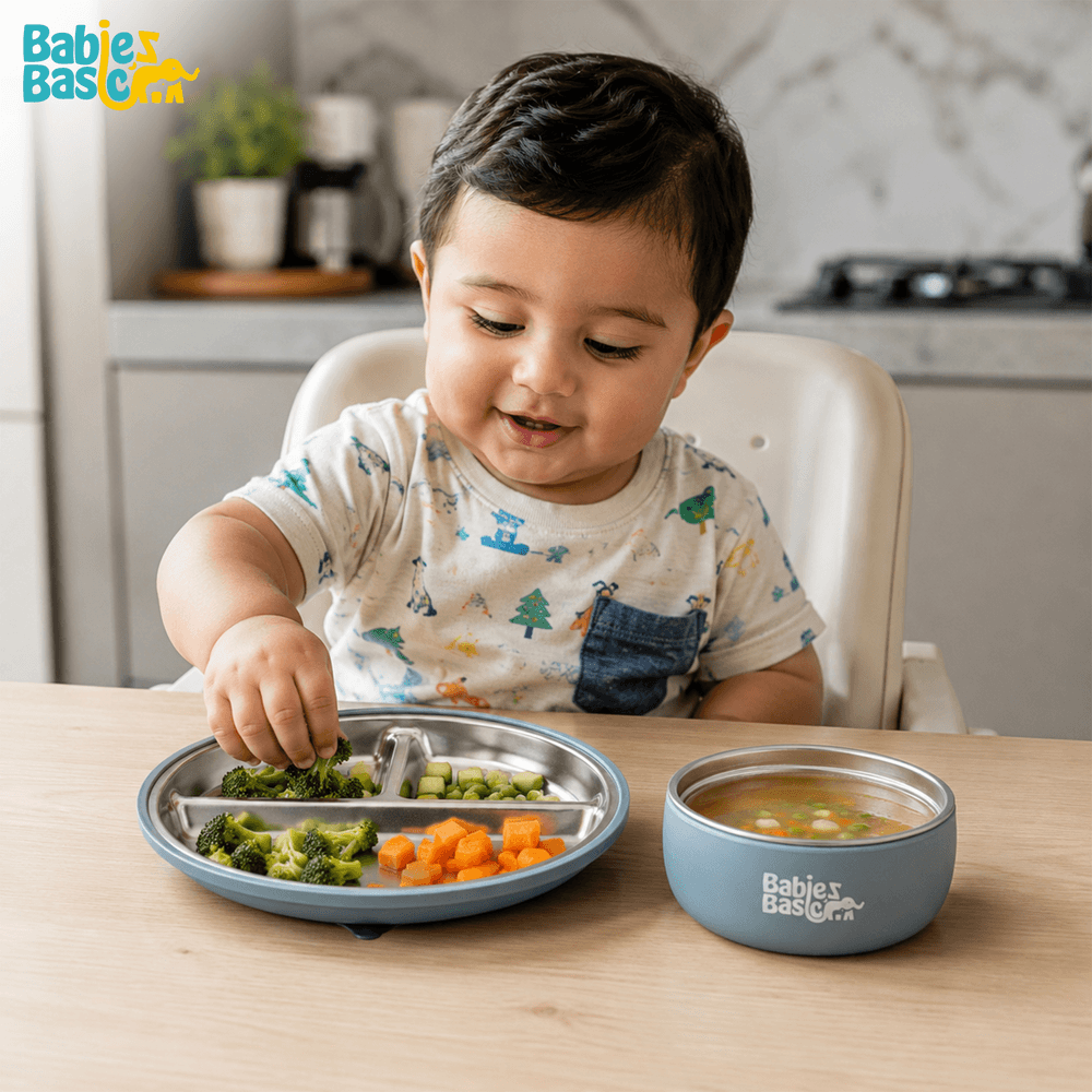 Babies Basic - Stainless Steel Feeding Plate, Bowl & Cup With Silicone Sleeve - Indigo - 3 Pcs