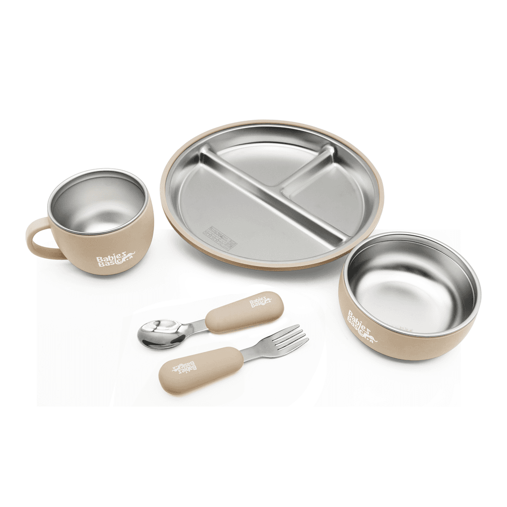Babies Basic - Stainless Steel Feeding Plate, Bowl, Cup With Spoon & Fork Set - Beige - 5 Pcs