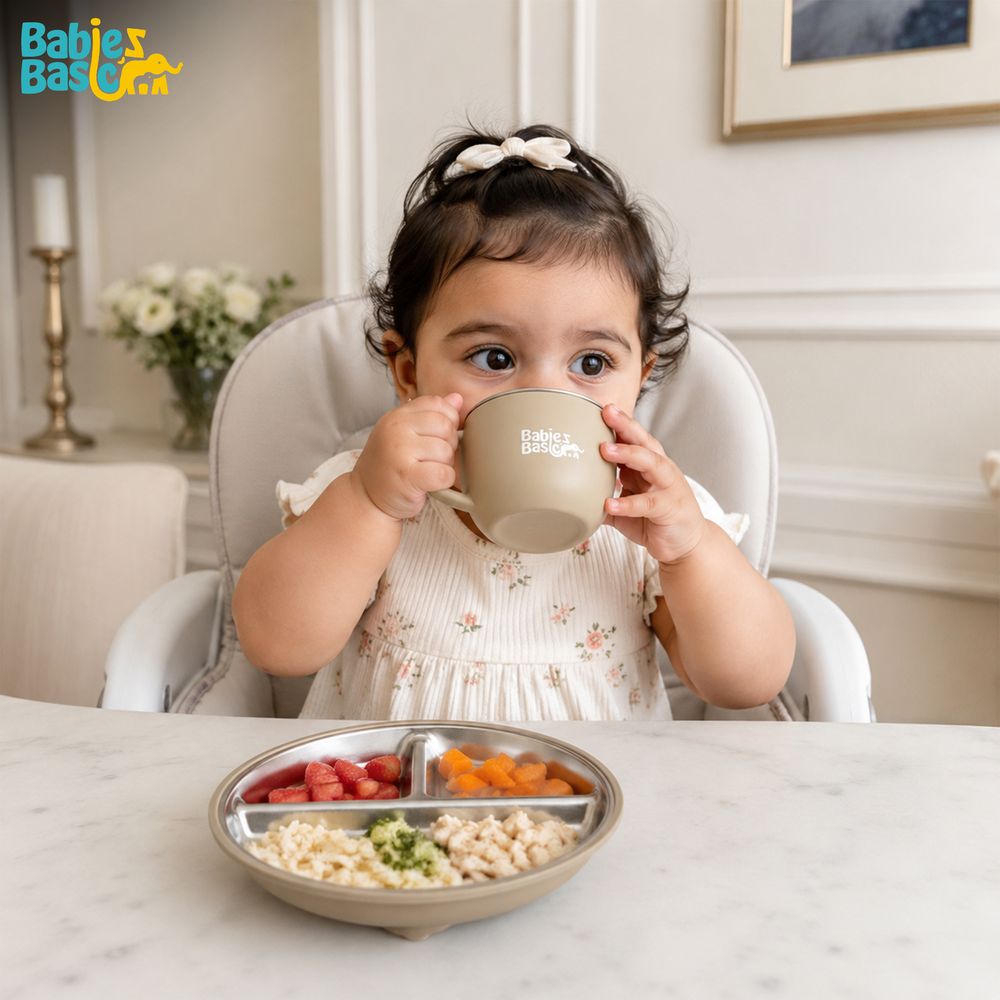 Babies Basic - Stainless Steel Feeding Plate, Bowl, Cup With Spoon & Fork Set - Beige - 5 Pcs