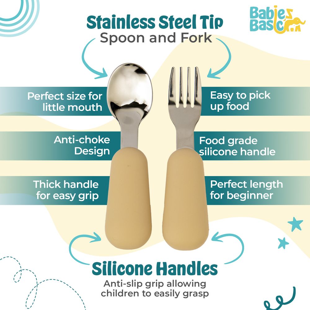Babies Basic - Stainless Steel Feeding Plate, Bowl, Cup With Spoon & Fork Set - Beige - 5 Pcs