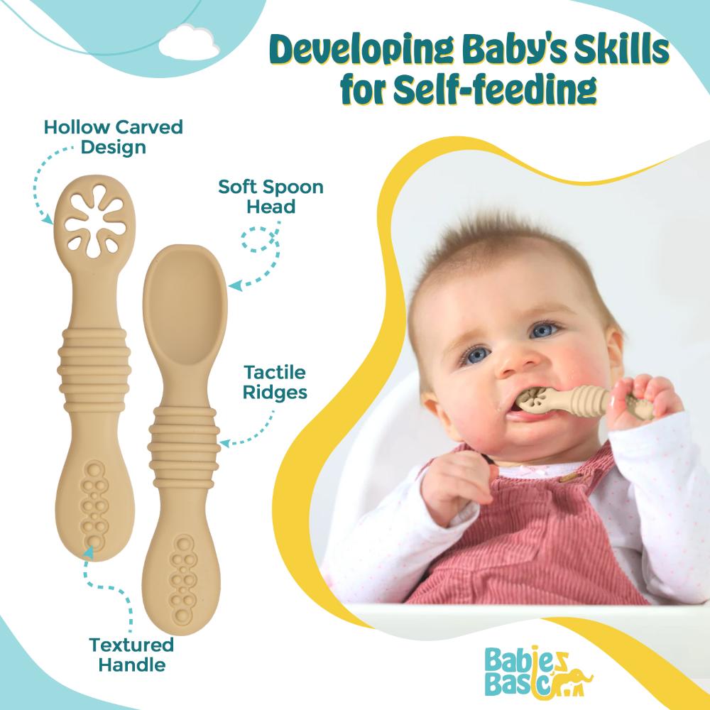 Babies Basic First Stage Silicone Training Spoon With Masher - Cream