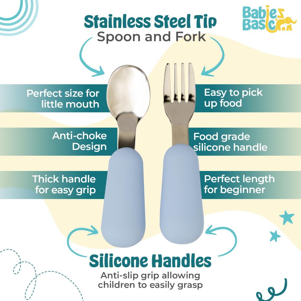 Babies Basic Stainless Steel Spoon & Fork Cutlery Set - 2pcs - Blue