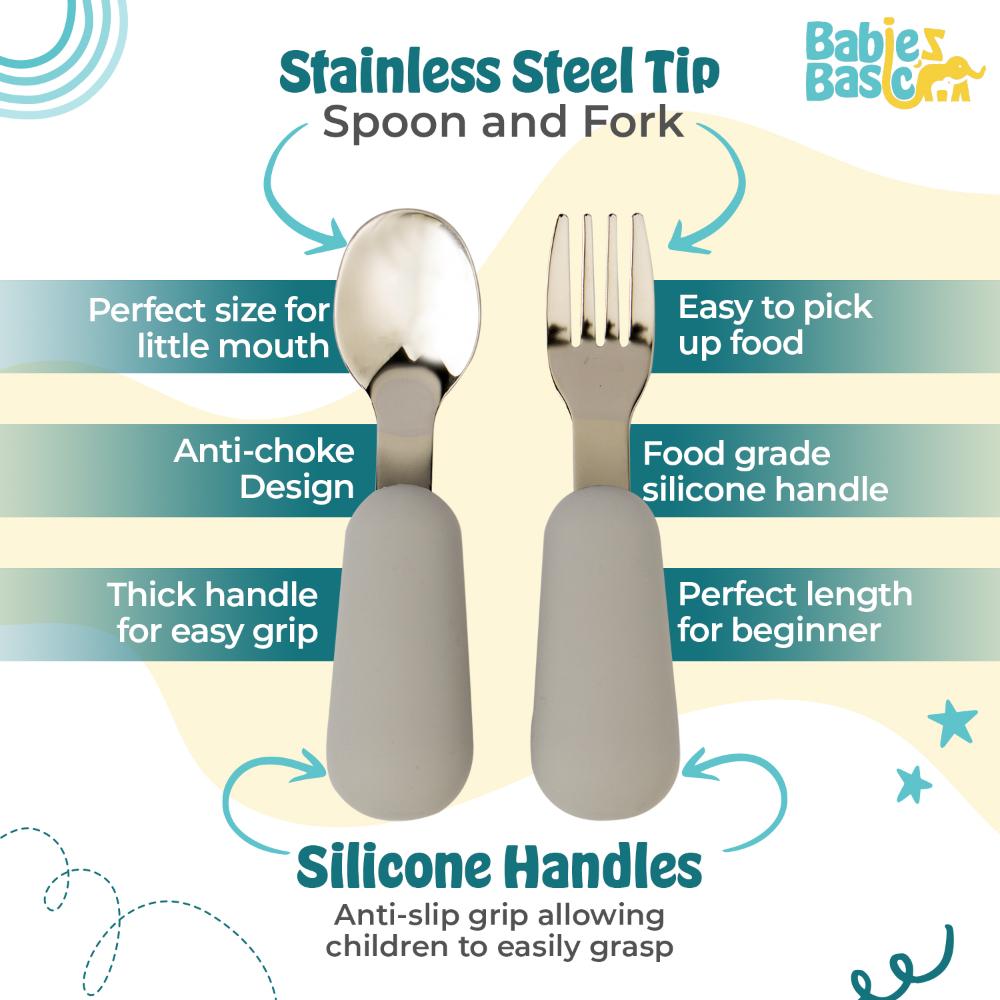 Babies Basic Stainless Steel Spoon & Fork Cutlery Set - 2pcs - Grey