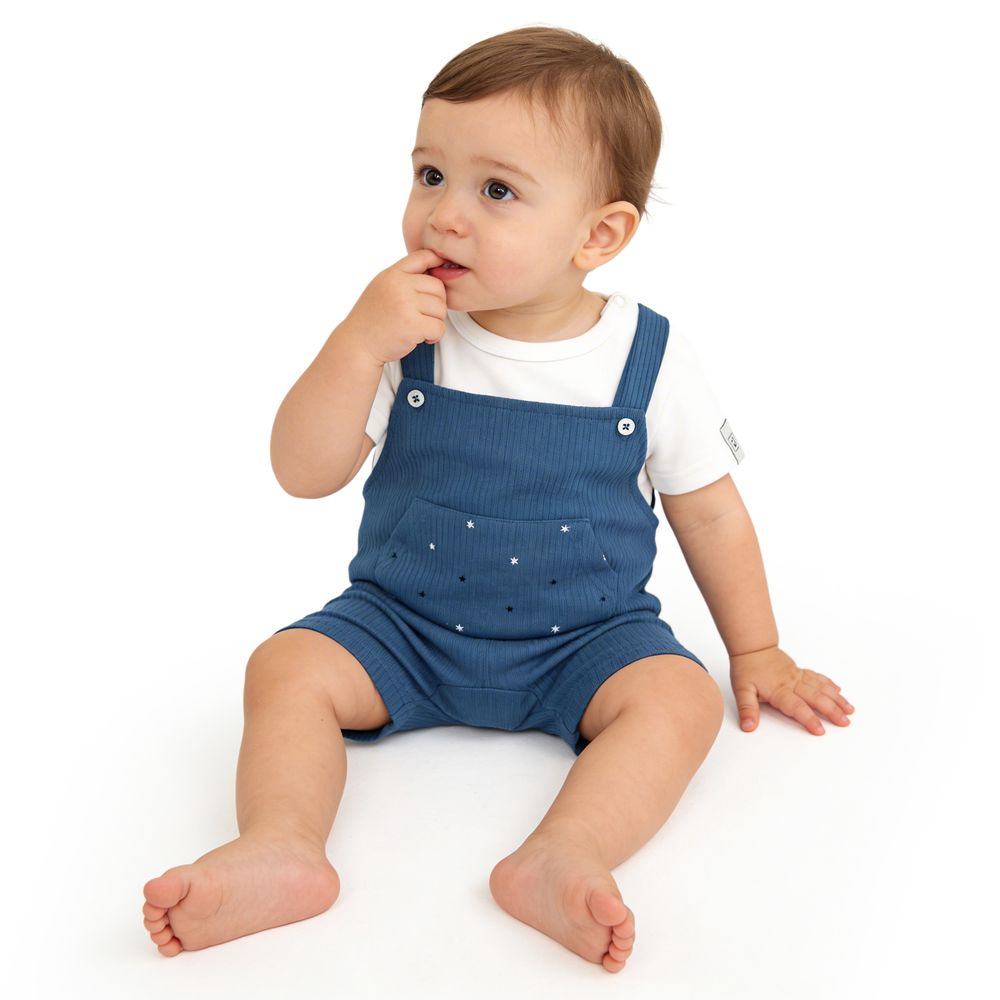 Babies Basic Ribbed Cotton Dungaree with Short Sleeves T-Shirt