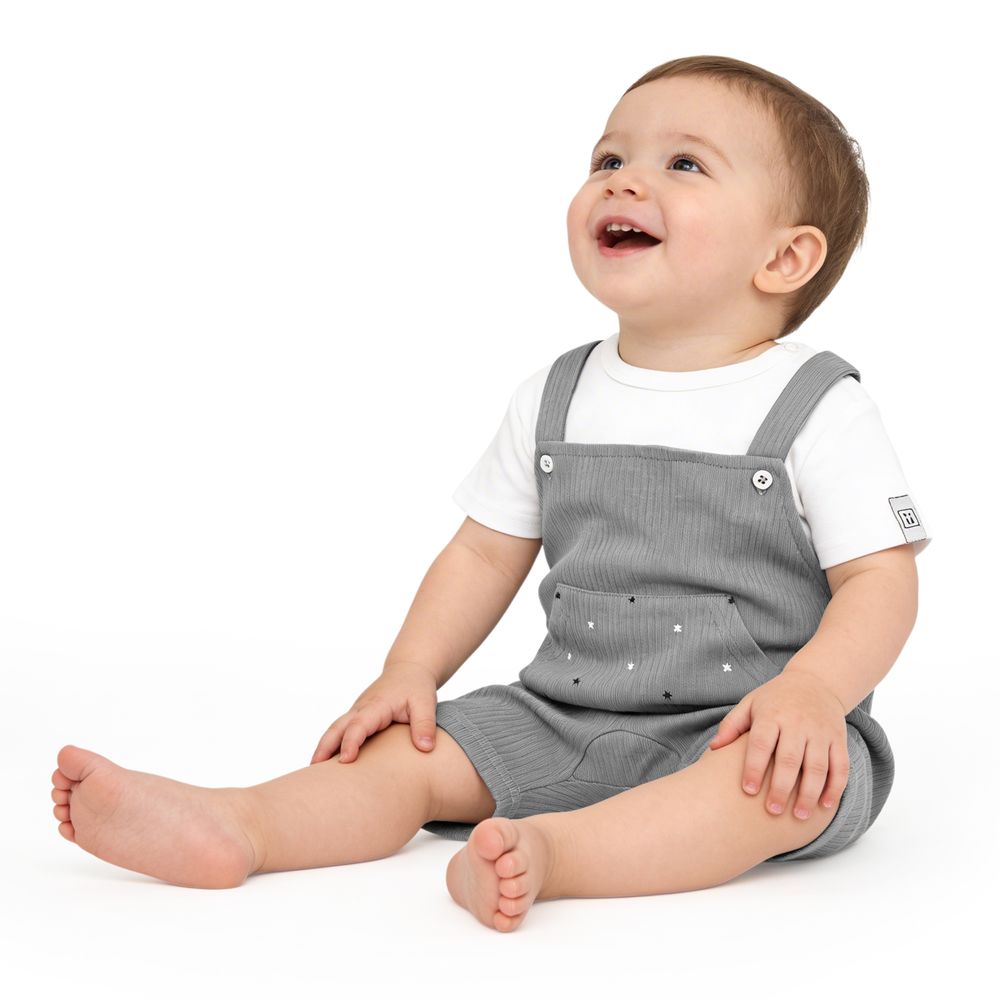 Babies Basic Ribbed Cotton Dungaree with Short Sleeves T-Shirt