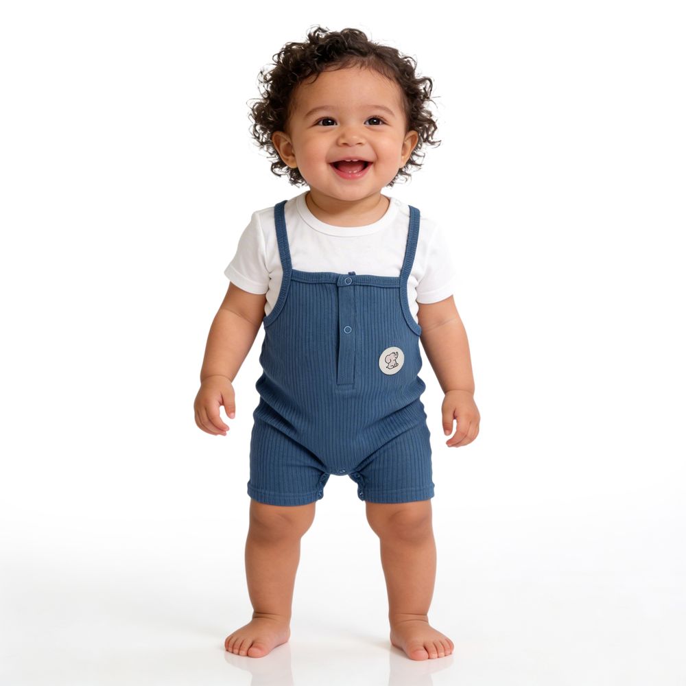 Babies - Basic Ribbed Cotton Dungaree With Short Sleeves T-shirt