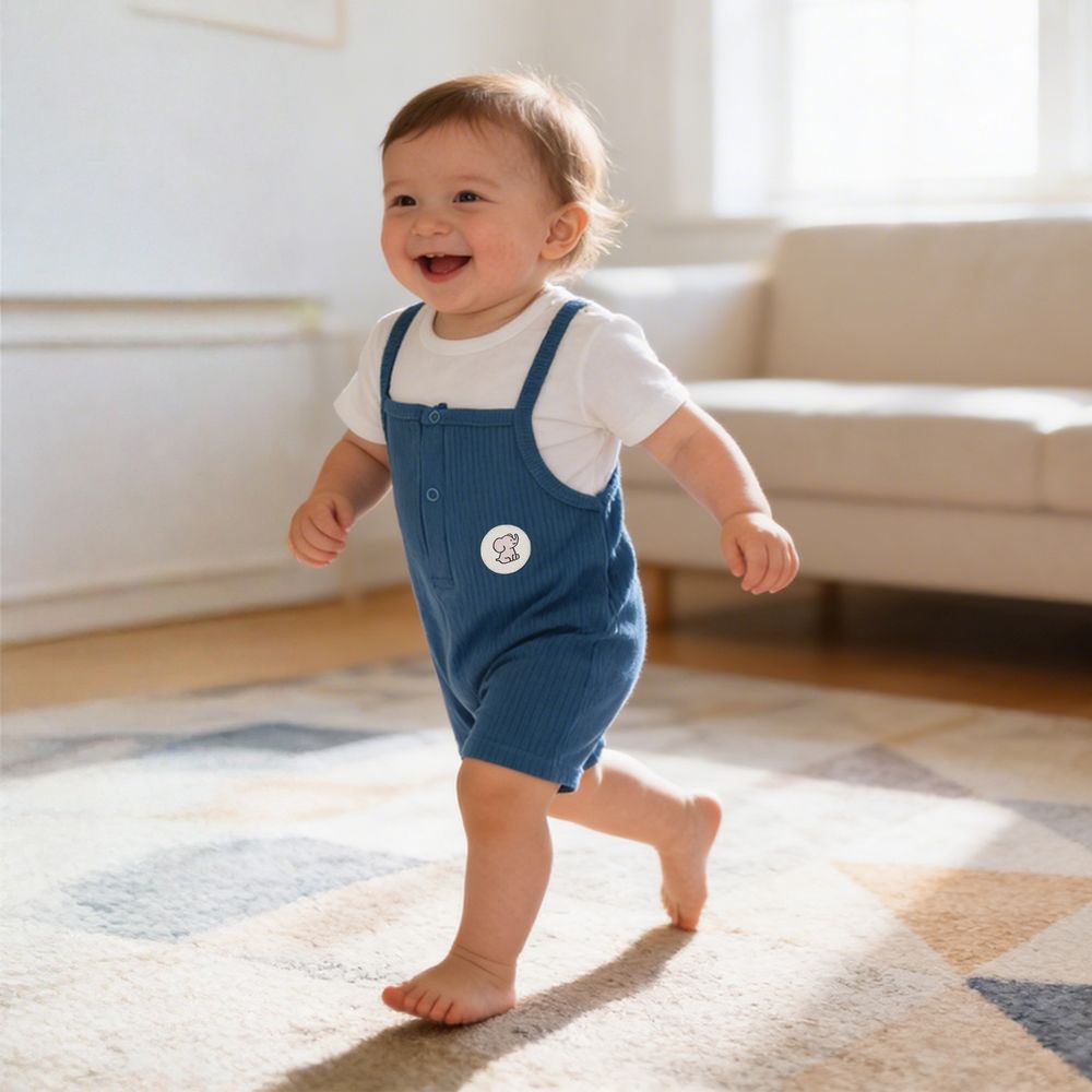 Babies - Basic Ribbed Cotton Dungaree With Short Sleeves T-shirt