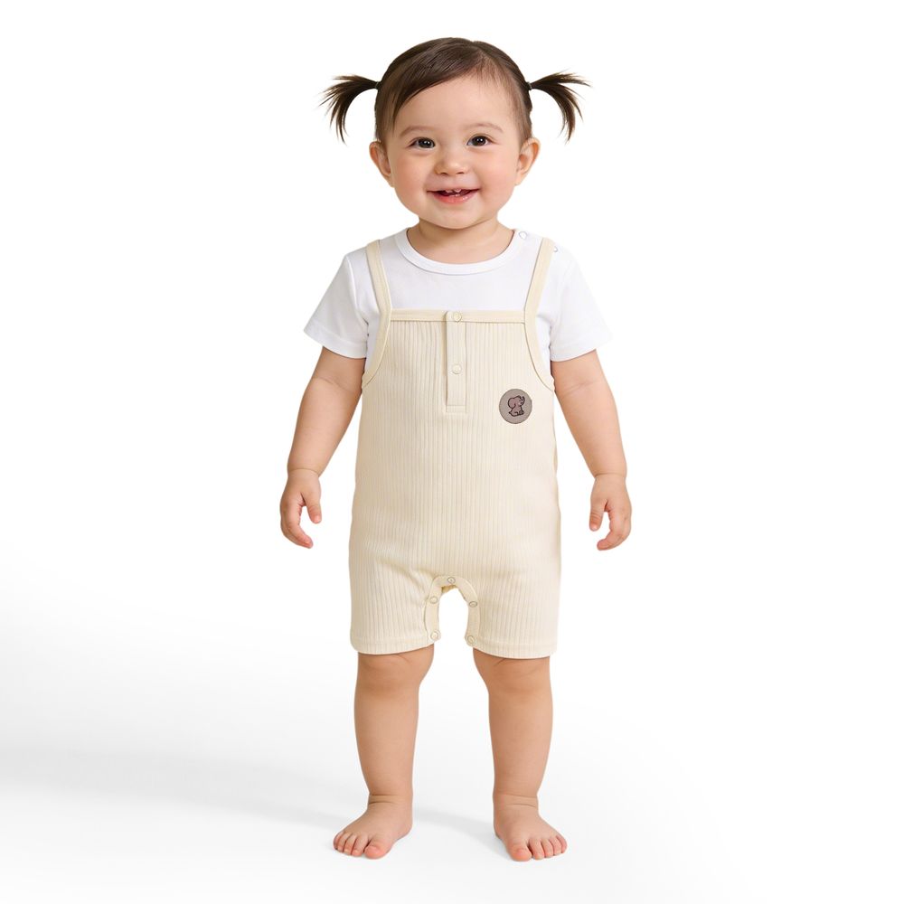 Babies Basic - Ribbed Cotton Dungaree With Short Sleeves T-shirt