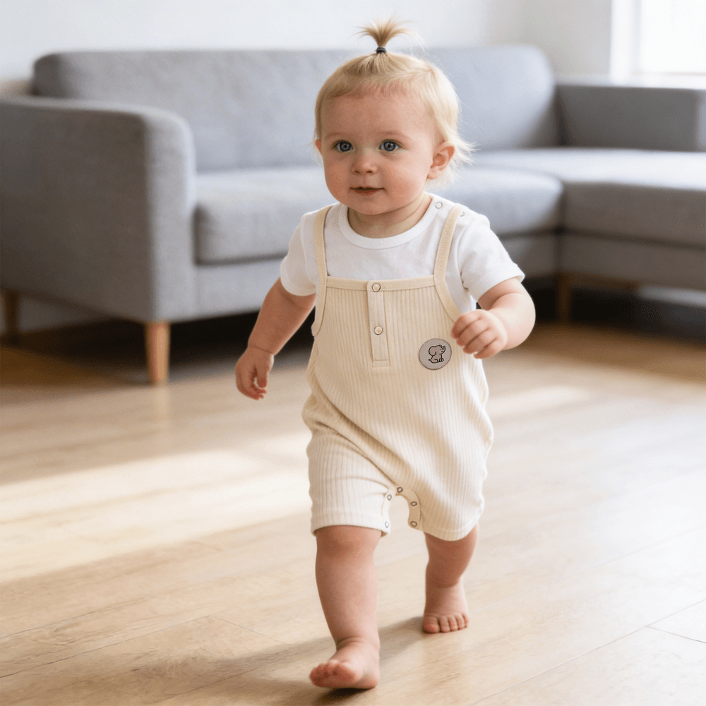 Babies Basic - Ribbed Cotton Dungaree With Short Sleeves T-shirt