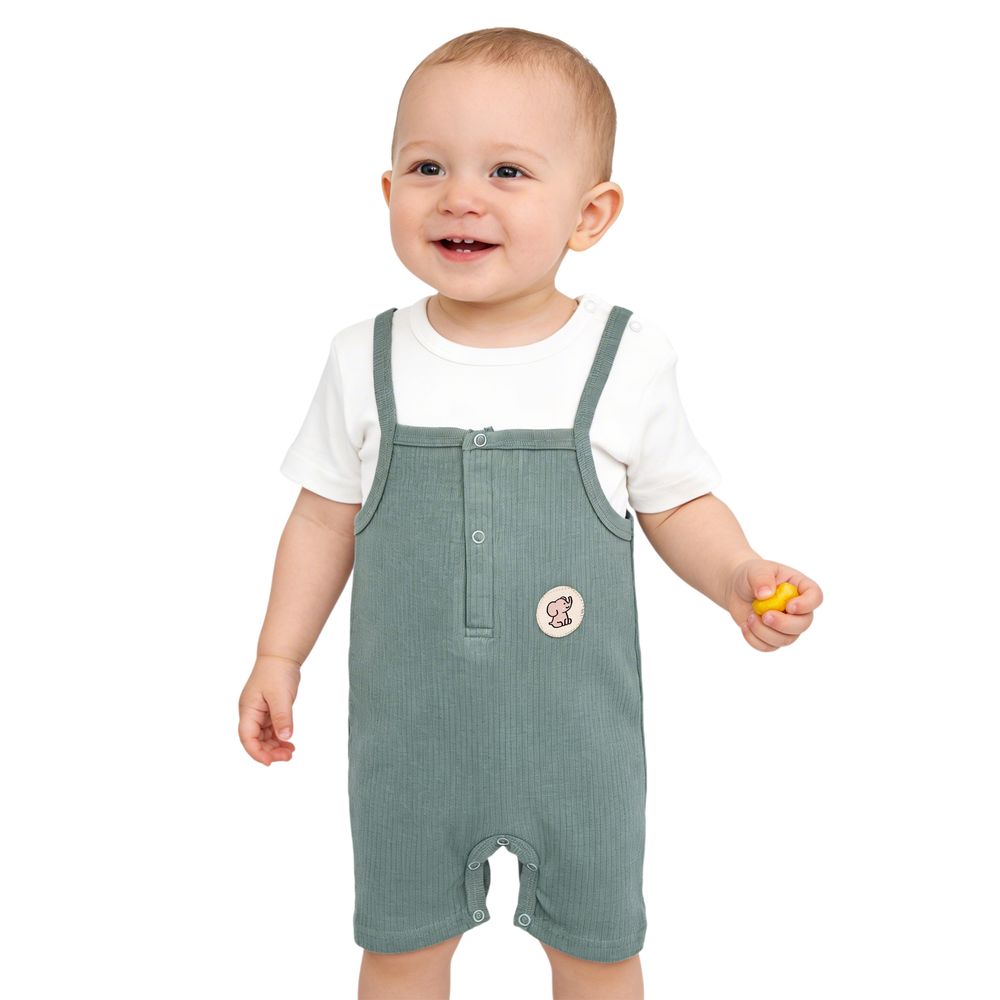 Babies Basic - Ribbed Cotton Dungaree With Short Sleeves T-shirt