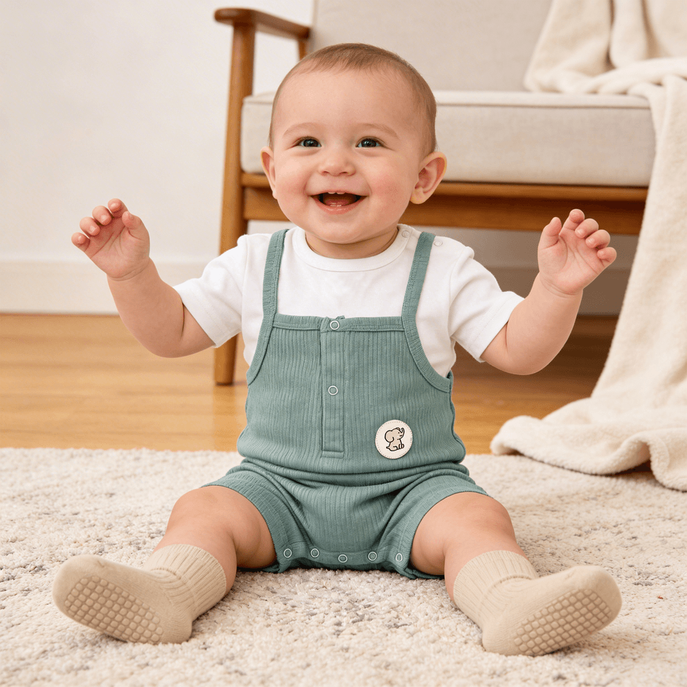 Babies Basic - Ribbed Cotton Dungaree With Short Sleeves T-shirt
