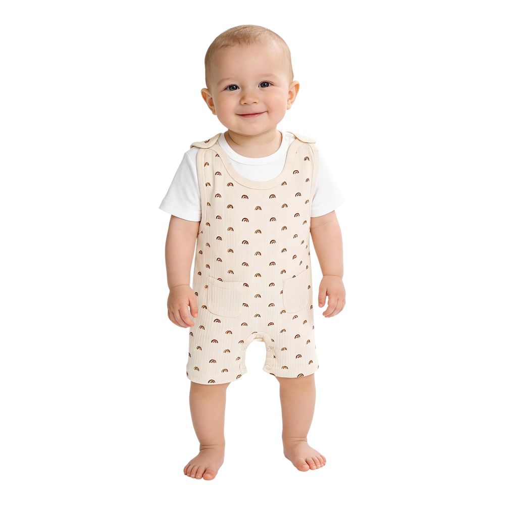 Babies Basic Cotton Dungaree with T-Shirt - Cream - 2 Pcs