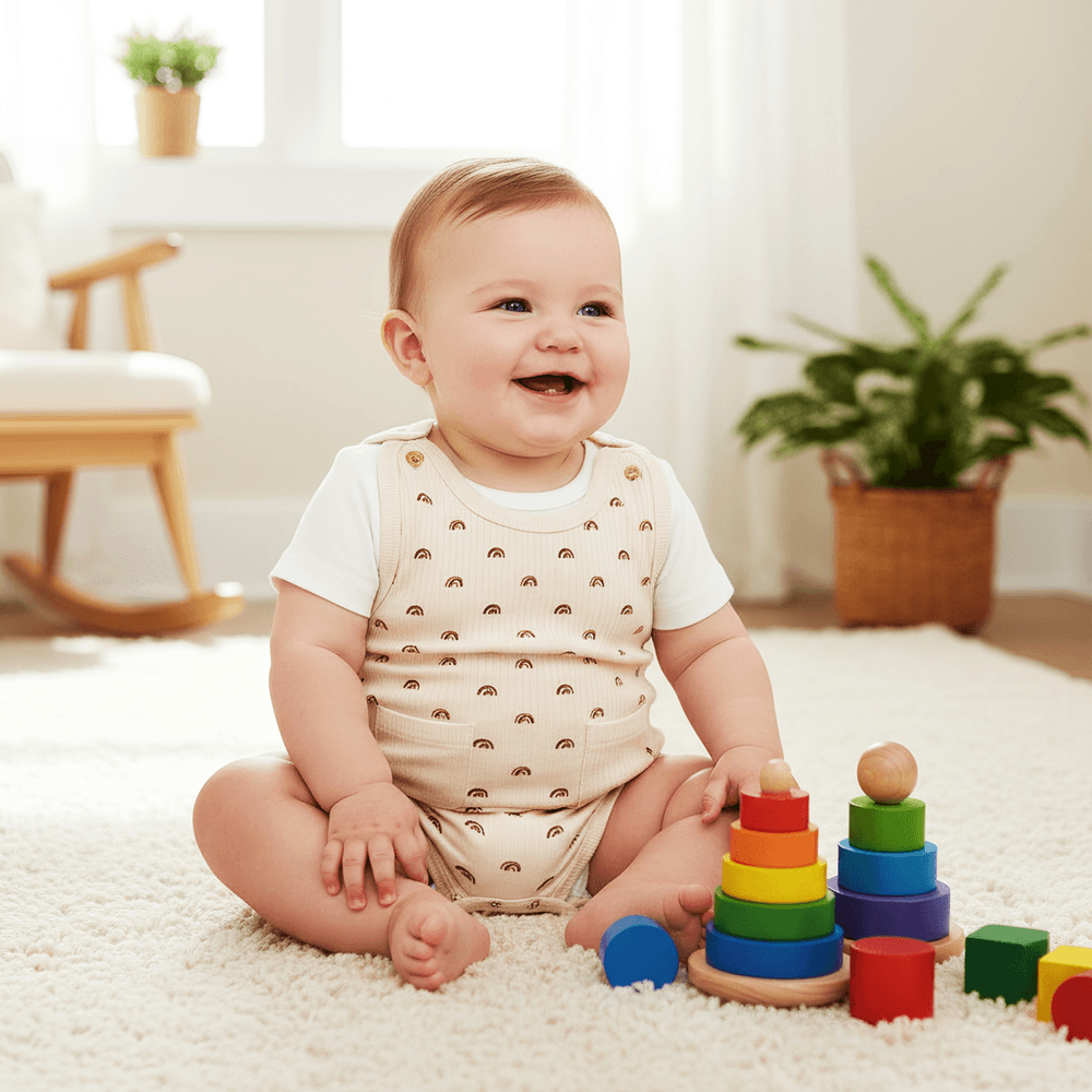 Babies Basic Cotton Dungaree with T-Shirt - Cream - 2 Pcs
