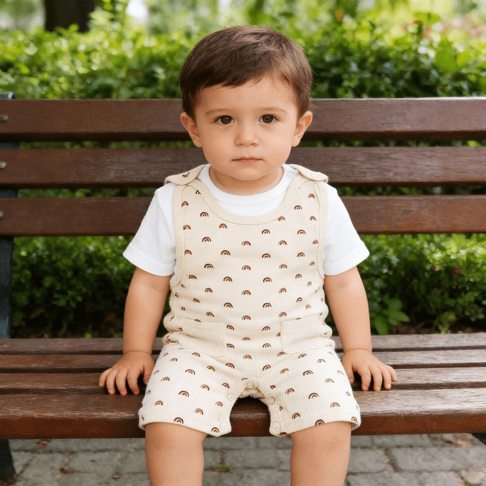 Babies Basic Cotton Dungaree with T-Shirt - Cream - 2 Pcs