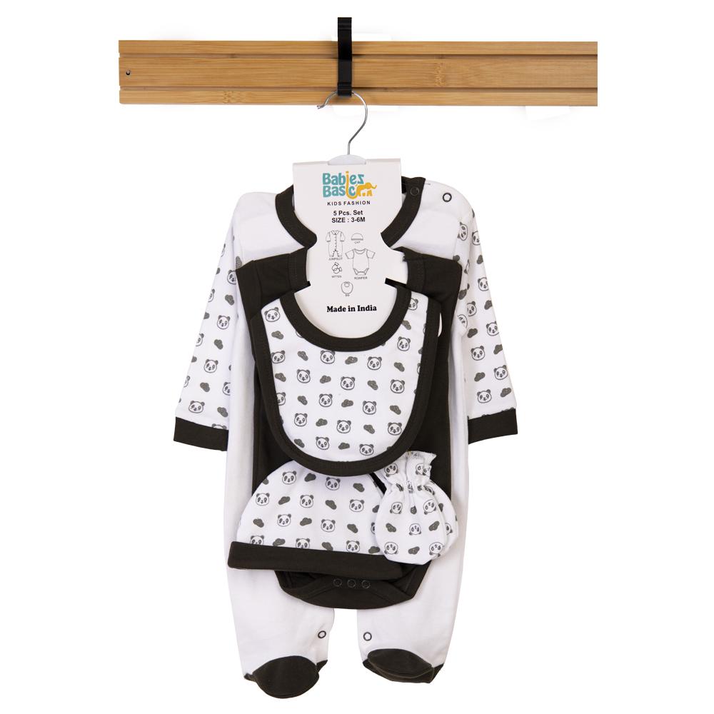 Babies Basic Cotton Set Bib, Romper, Mittens, Cap & Sleepsuit Sleepy Panda - Green - 5 Pcs