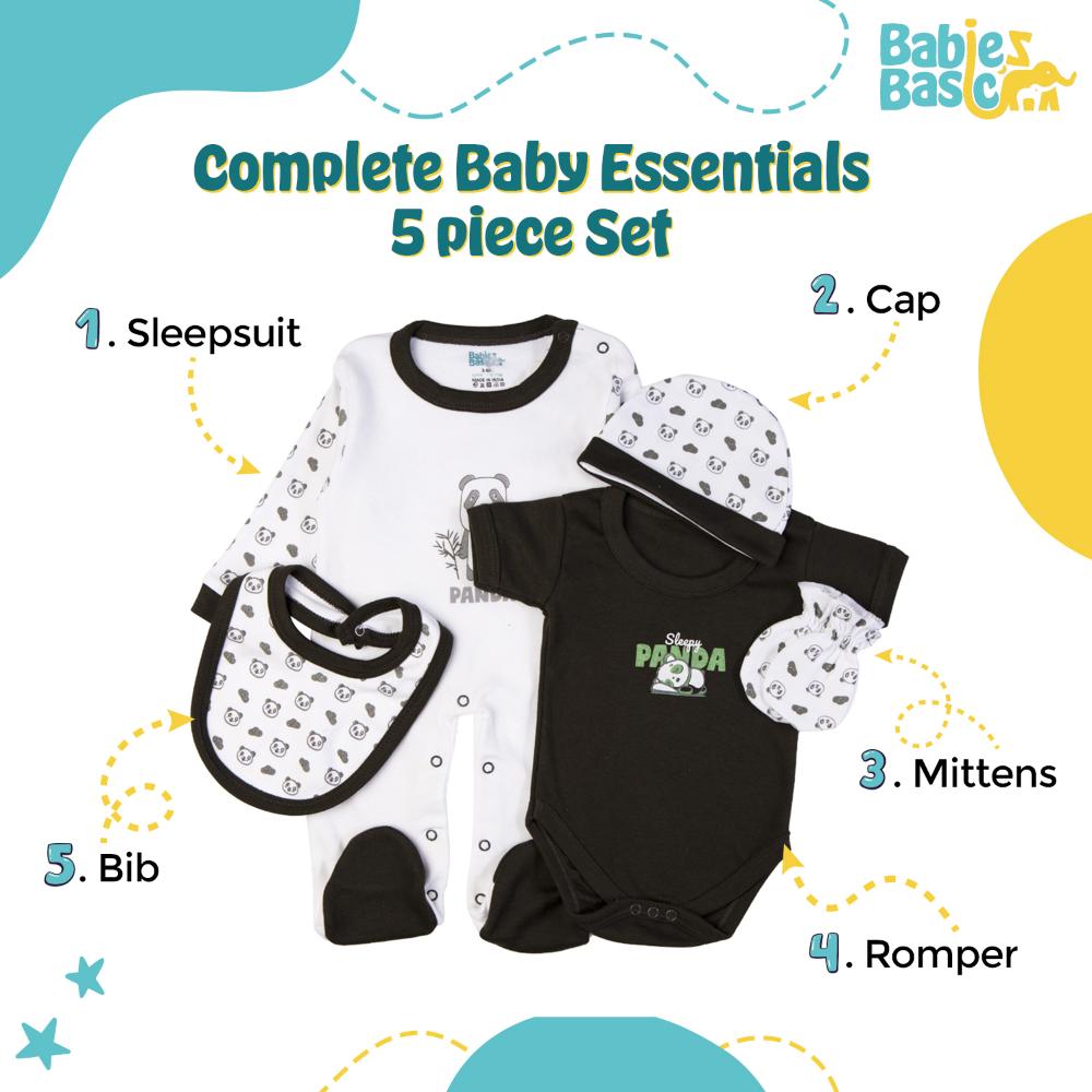 Babies Basic Cotton Set Bib, Romper, Mittens, Cap & Sleepsuit Sleepy Panda - Green - 5 Pcs